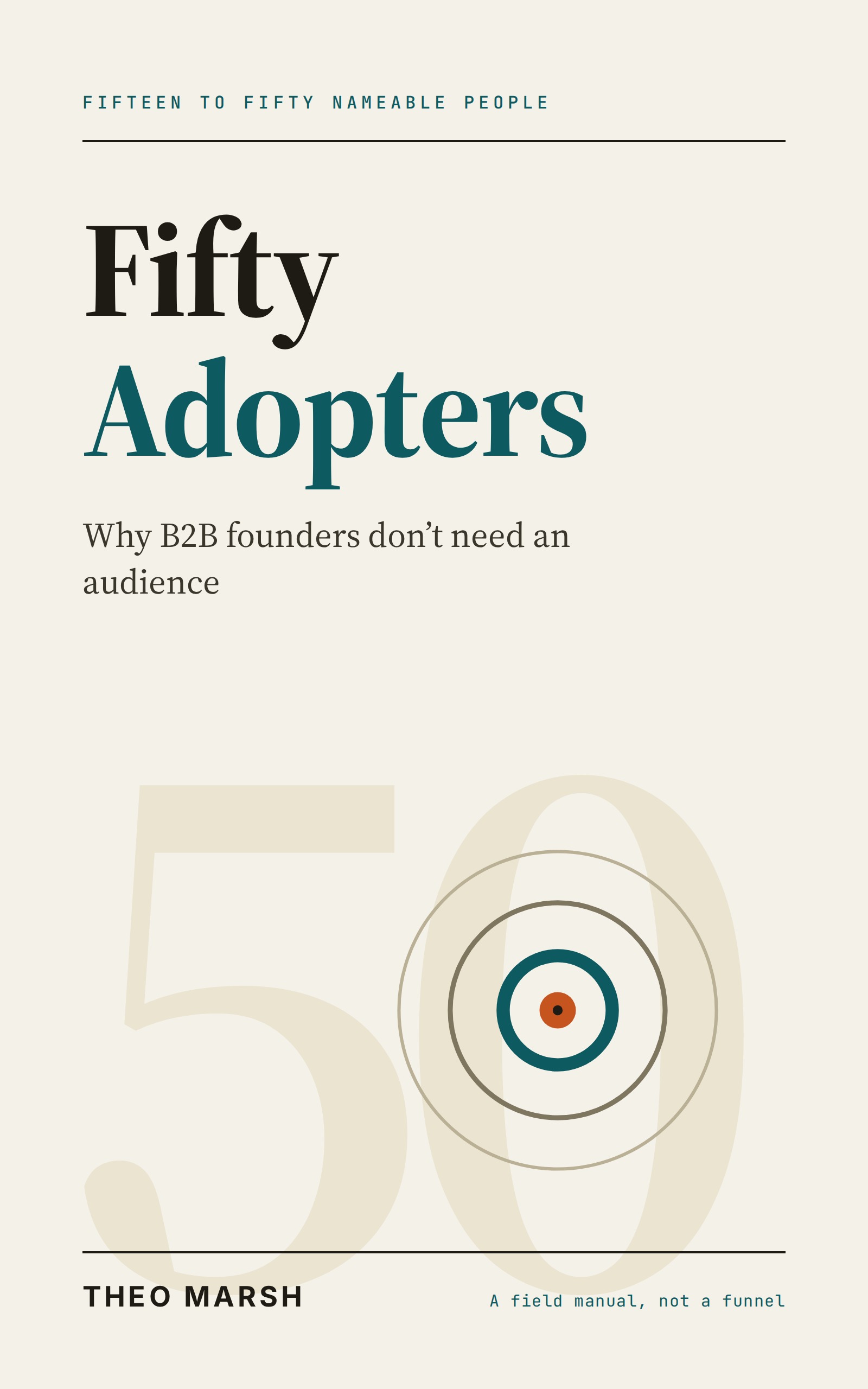Front cover of Fifty Adopters by Theo Marsh — teal setting, watermark 50, target rings with a burnt-orange bullseye.